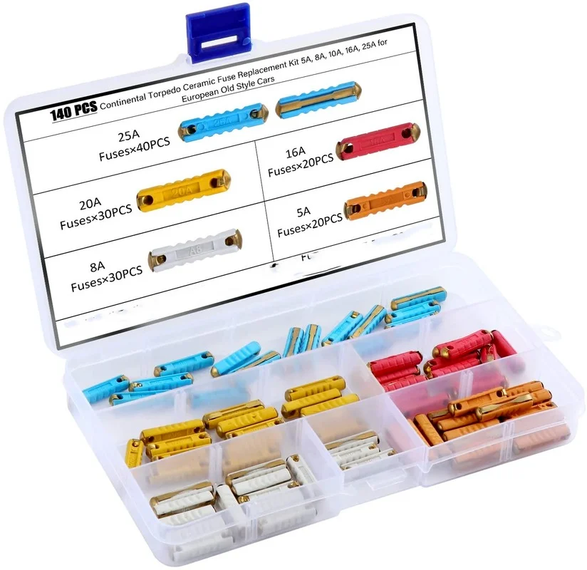 140pcs Car Fuse European Fuse Torpedo Fuse Classic Fuse Car Replacement kit 5A 8A 16A 20A 25A Suitable for Classic Vintage Cars