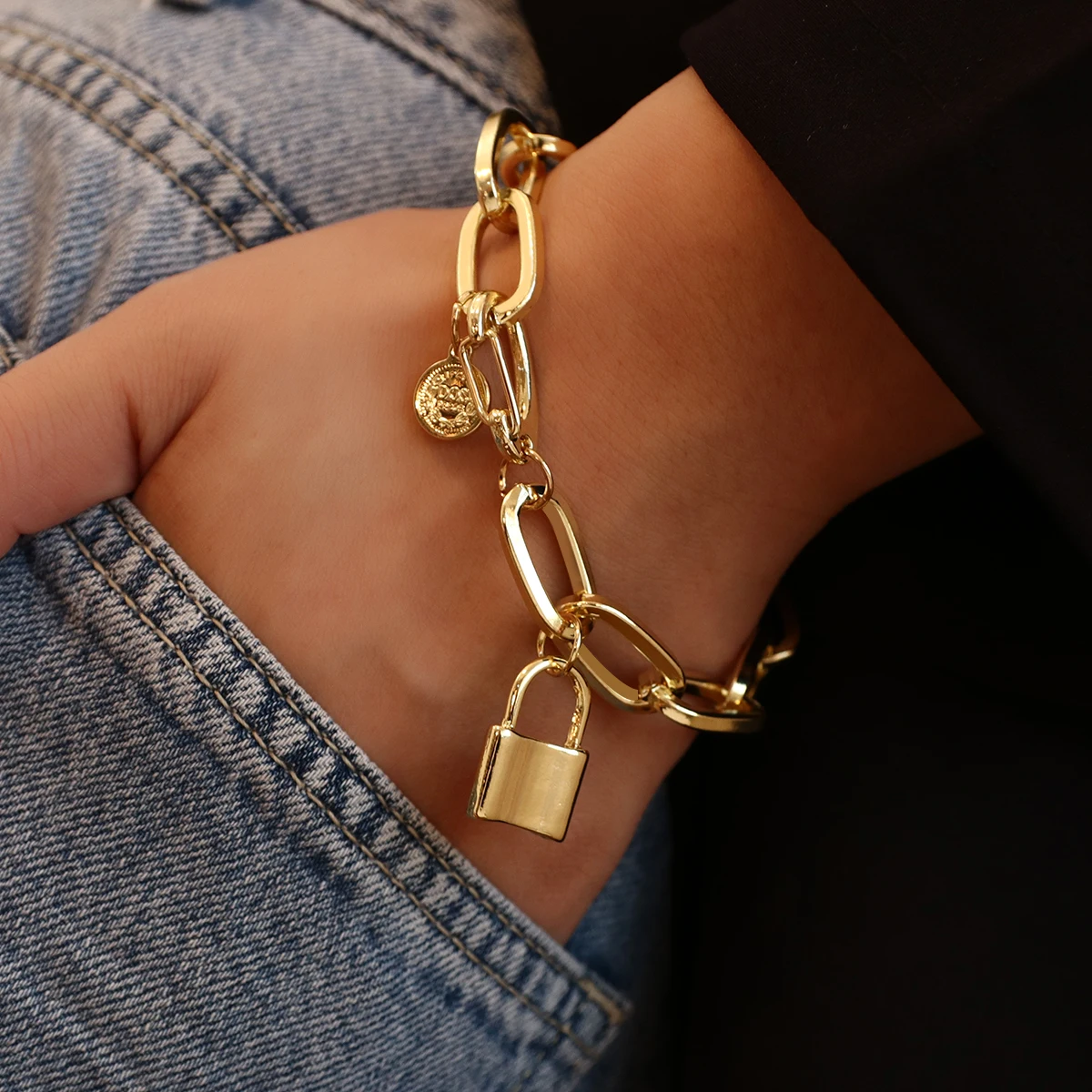 Flashbuy Punk Gold Color Chain Lock Pendant Bracelet for Women Men Portrait Coin Charm Bracelet Fashion Hip Hop Jewelry