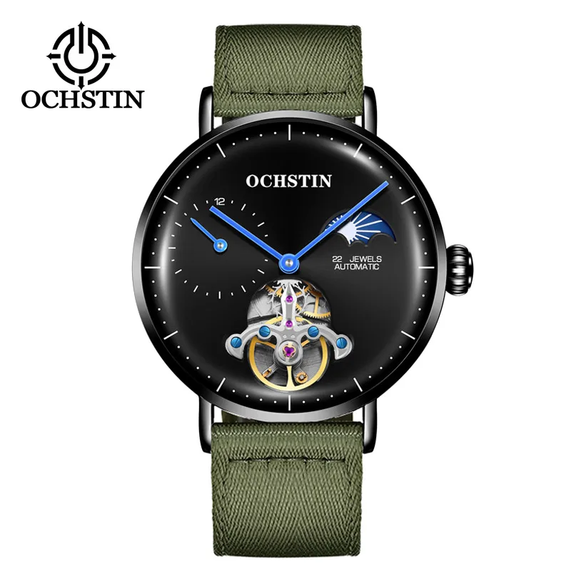 

OCHSTIN Dual Time Zone Fashion Man Automatic Watch Nylon Strap Mesh Belt Waterproof Moon Phase Mechanical Tourbillon Wristwatch