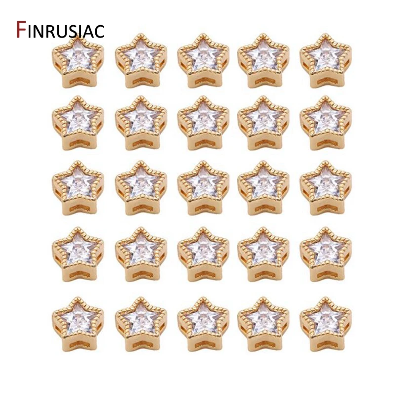 14K Gold Plated Inlaid Zircon Pentagram Spacer Beads Accessories,High Quality Brass Metal Loose Beads DIY Jewelry Making Craft