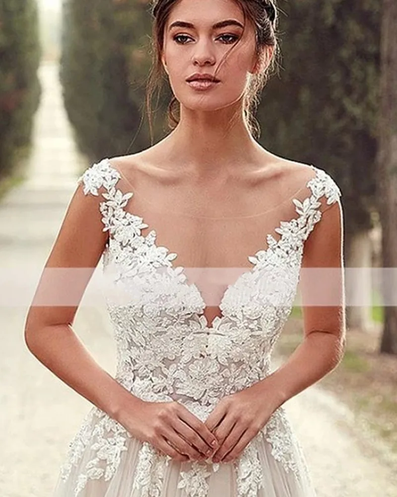 Vestido de novia elegante con cuello en V, traje Sexy con apliques de encaje, Espalda descubierta, manga casquillo, tren de cepillo, Simple