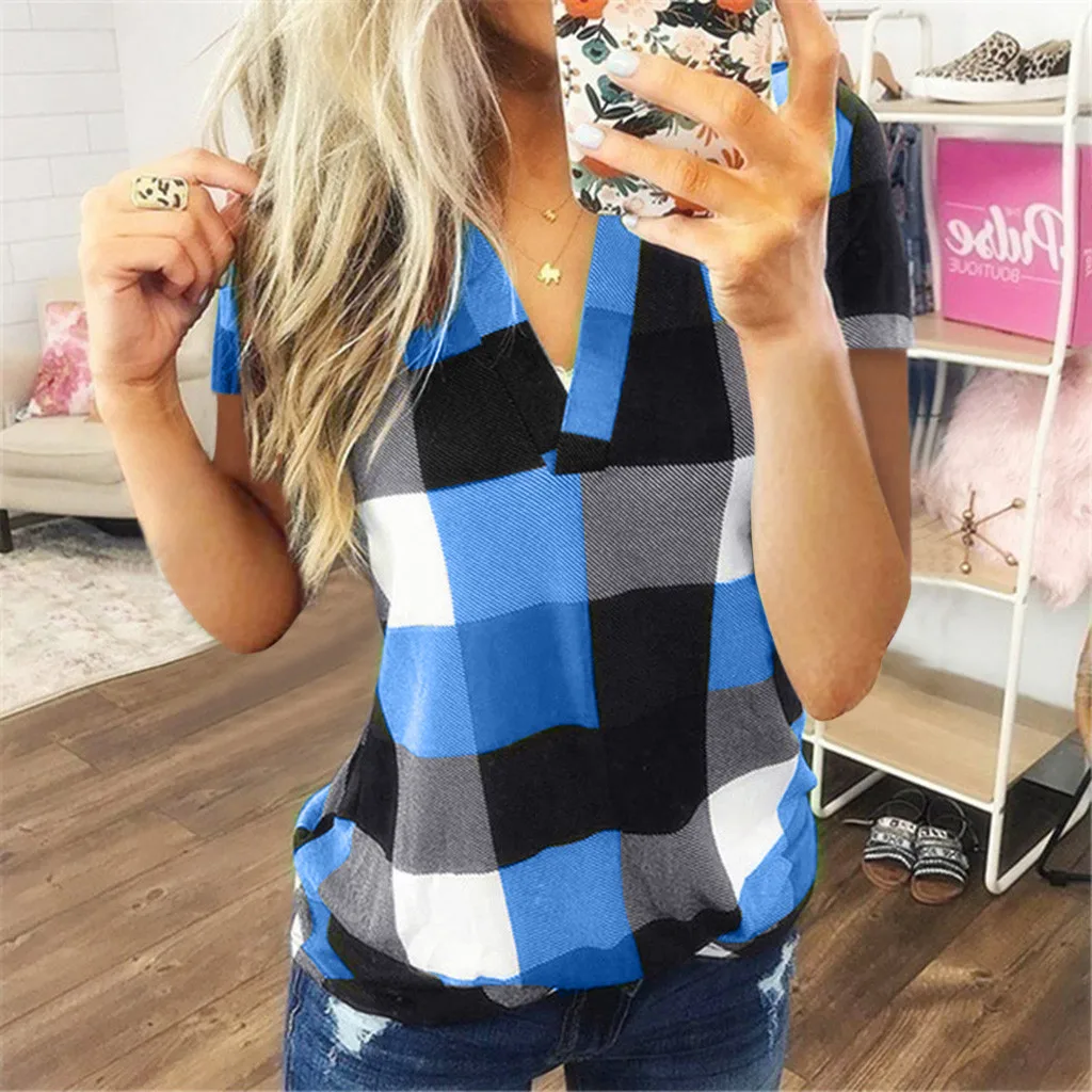 Fashion Plaid T Shirt Oversize Cotton tshirt Casual Summer Ladies Sexy V-Neck Tunic Tops Female Women Short Sleeve Shirt Blusas