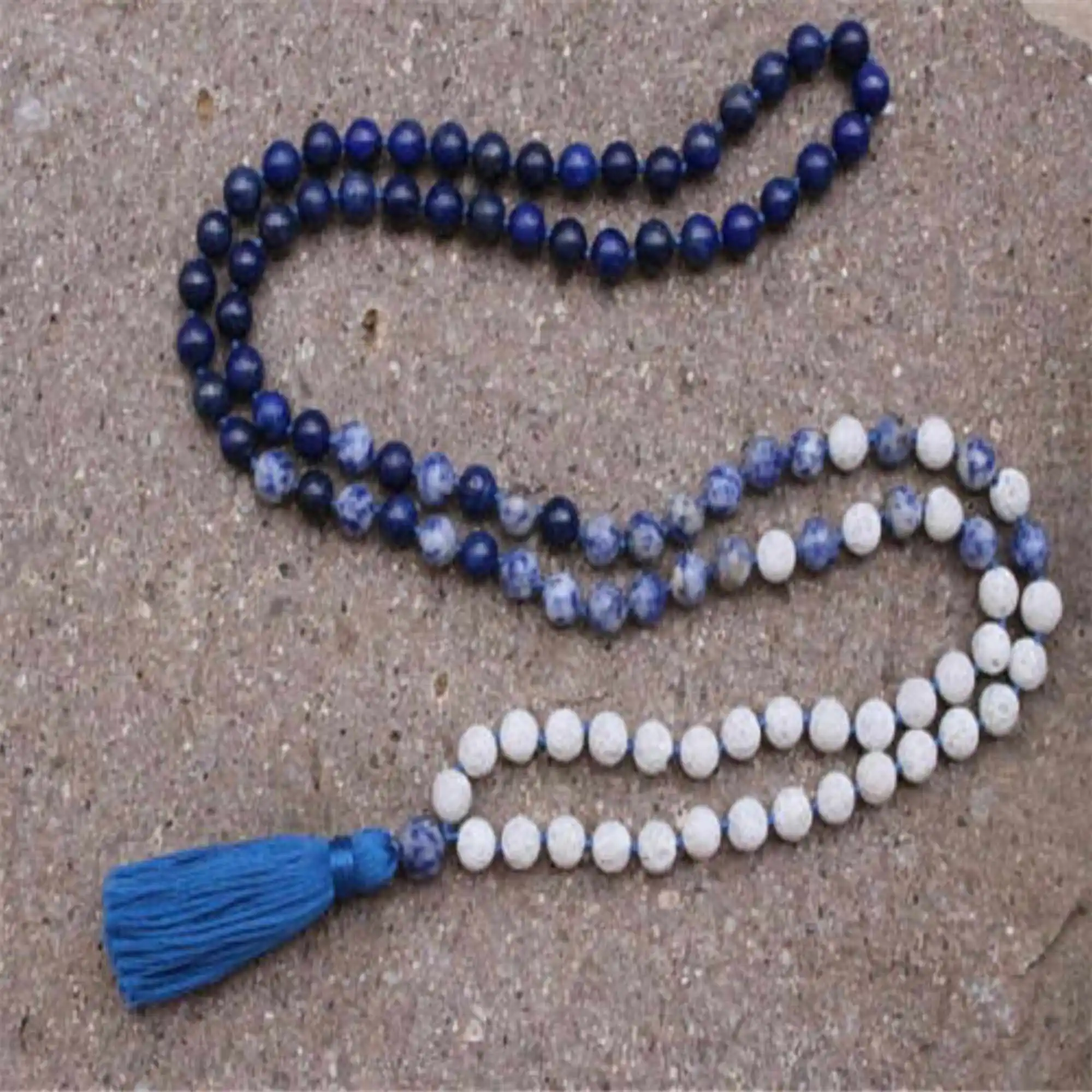 8mm Lapis Lazuli Sodalite White Lava Knot Necklace Spiritual Bridal Yoga Women Opera length Sacred wear Healing Wood Mala