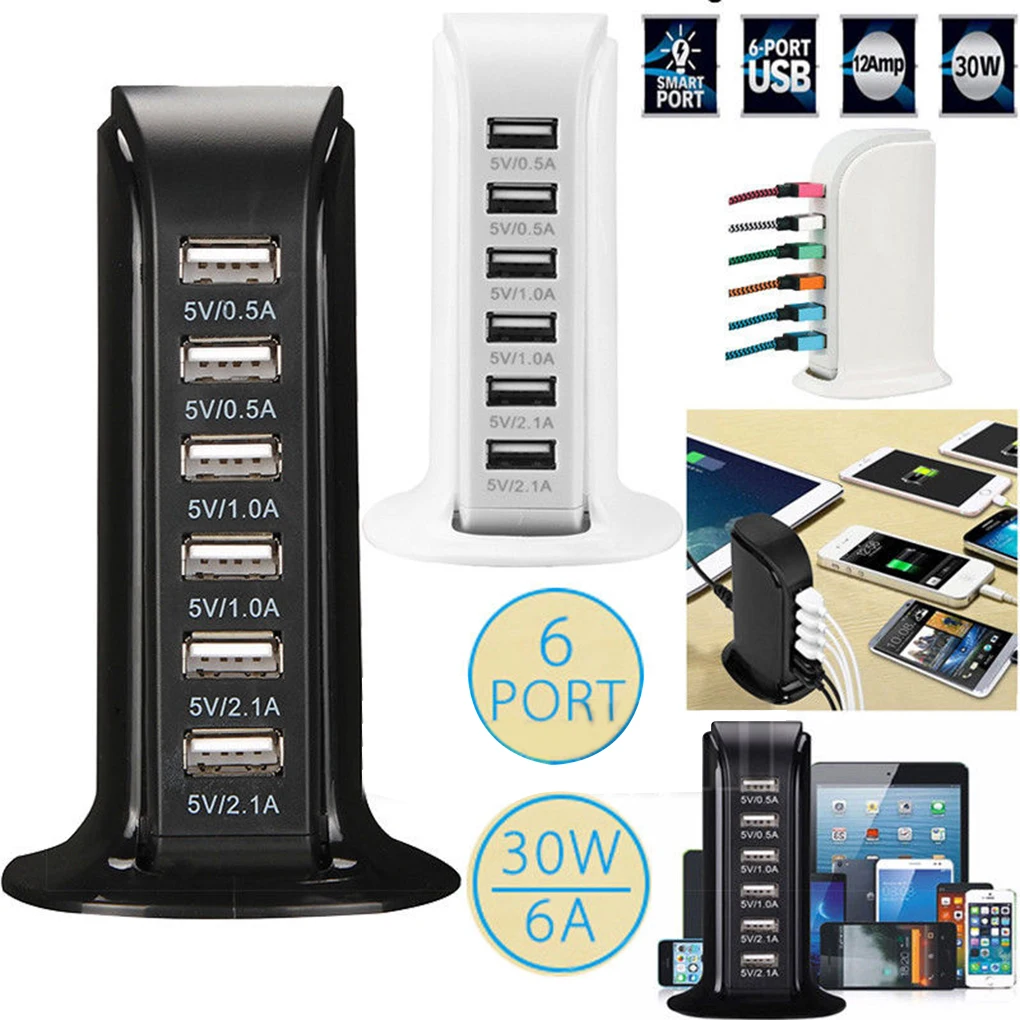 30W Multi 6 Port USB Charger 6A Rapid Charging Station Desktop Hub Connectors Extension Socket Platooninsert Hub Connectors