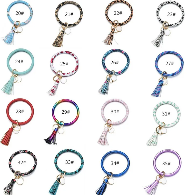 100pcs/lot Fashion Rainbow PU Leather Round Tassel Bracelet Keyring for Women Trendy Big Circle Gringe Spot Keychain Accessories