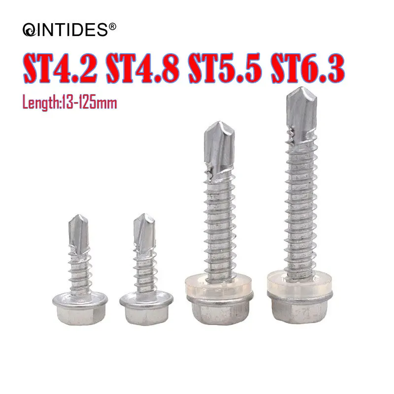 QINTIDES 50/200Pcs M4.2 M4.8 M5.5 M6.3 Hexagon head drilling screws with tapping screw thread with collar