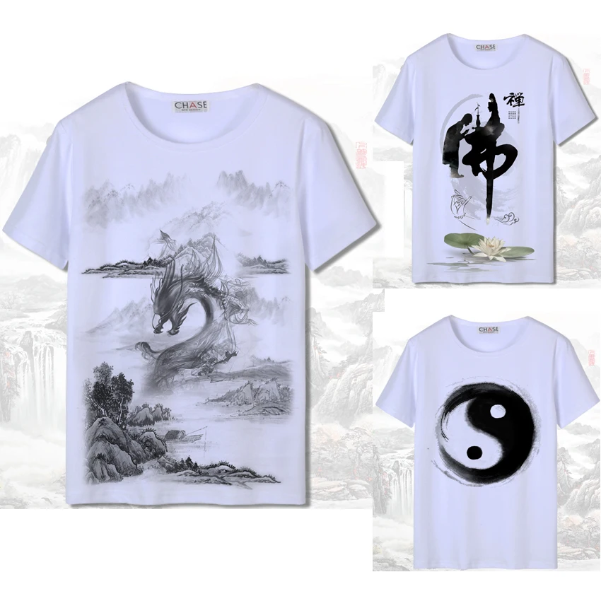 

3D Print Short Sleeve Men Chinese Style T-shirt White Harajuku Ink-wash Painting National Dragon Woman Japanese Cotton Tang Suit