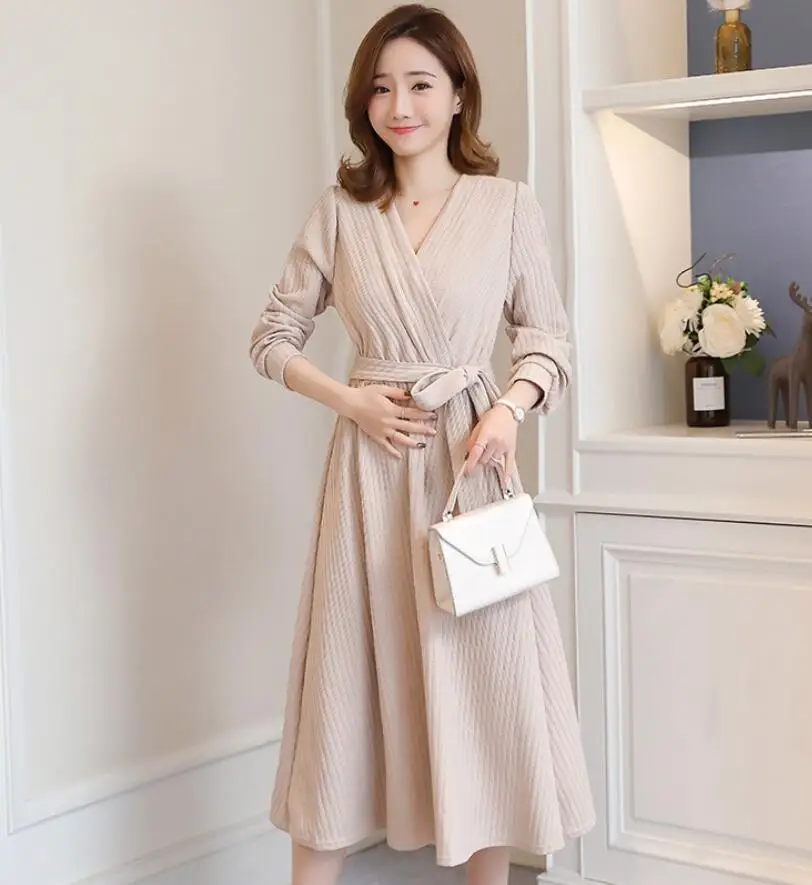 Maternity Autumn Loose Fashion Cross V-Neck Breastfeeding Dress+Belt Postpartum Women Empire Nursing Knitting Dress Lactation