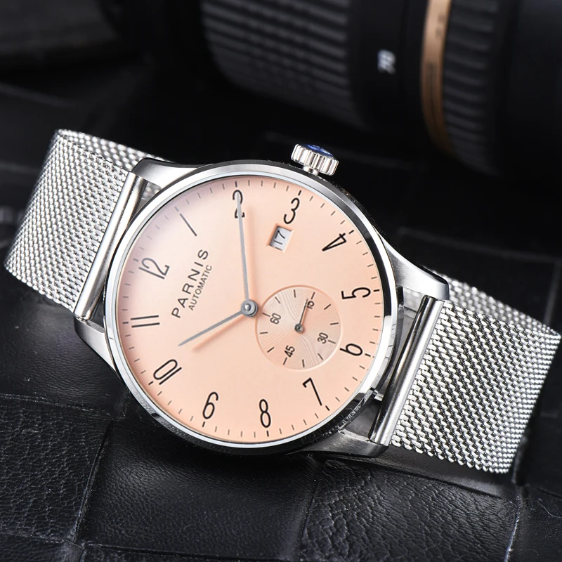 Parnis 41.5MM White Dial Mechanical Automatic Men Watches Stainless Steel Case Calendar Mesh Strap Wristwatch Top Luxury Brand