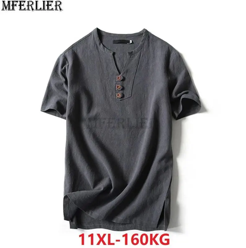 plus size 11XL 160kg summer men linen cotton t-shirts short sleeve Chinese style vintage tees oversize hkaki khaki mferlier blue