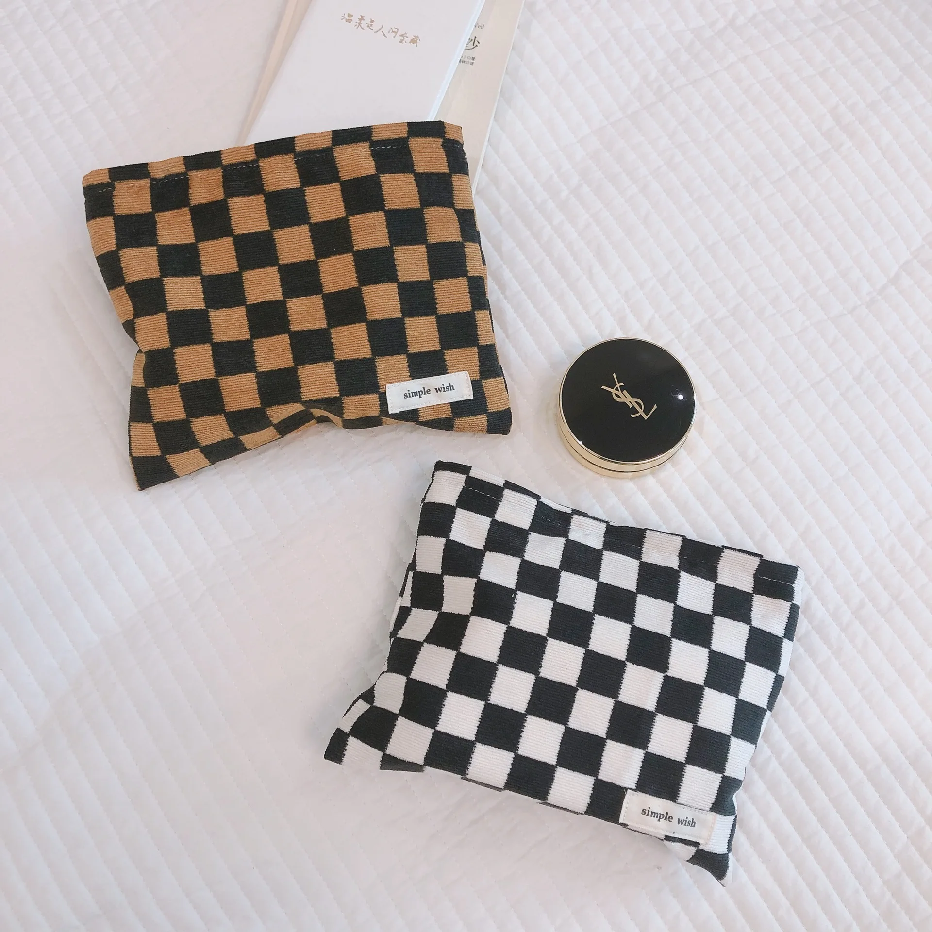 Female Checker Plaid Corduroy Fabric Zipper Make Up Purse Lady Fashion Vintage All-Match Travel Organizer Cosmetic Pouch Bag