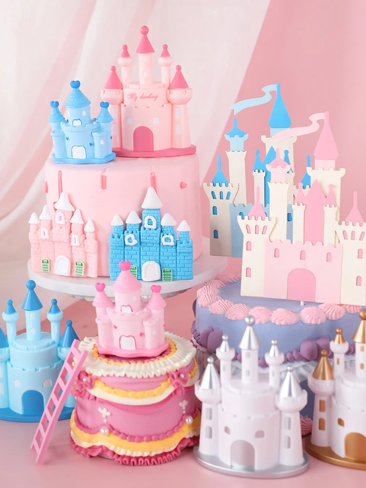 Happy Birthday Decoration  Princess  Prince Castle Dessert Dress Pink Blue Baking Cupcake Cake Toppers Cake Flags Pary Supplies