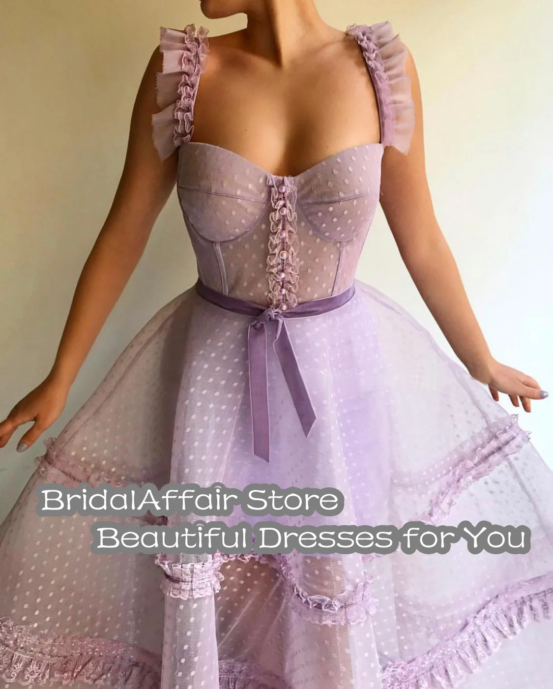 BridalAffair Lavender Tulle Maxi Prom Dresses Spaghetti Straps Floor Length A Line Wedding Party Dresses Open Back Evening Gowns