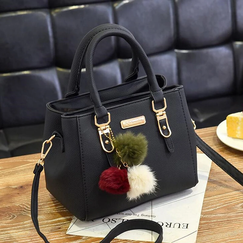 Women Beading Pendant Handbag Ladies Embossed Shoulder Bag  PU Leather Ladies Messenger Bag Hairball Women Bags bolsa feminina