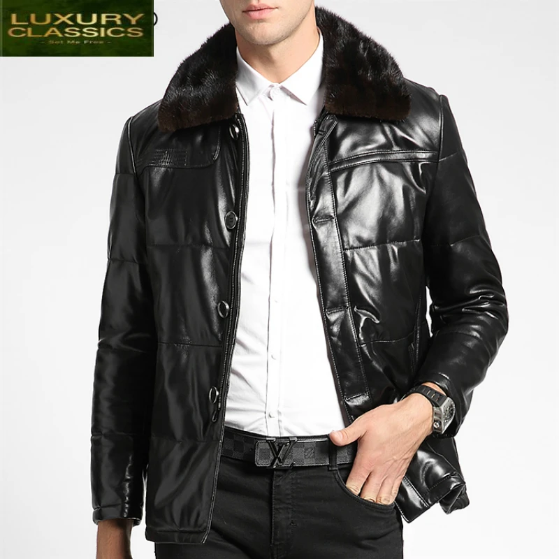 Jacket Real Men Leather Parka Real Mink Fur Cllar Down Sheepskin Coat Men Winter Warm Genuine Leather Outwear LWL1475