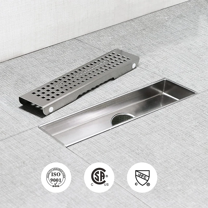 

20-120cm Linear Shower Drain with Removable Square Hole Panel Brushed in 304 Linear Drain Adjustable Feet and Hair Strainer