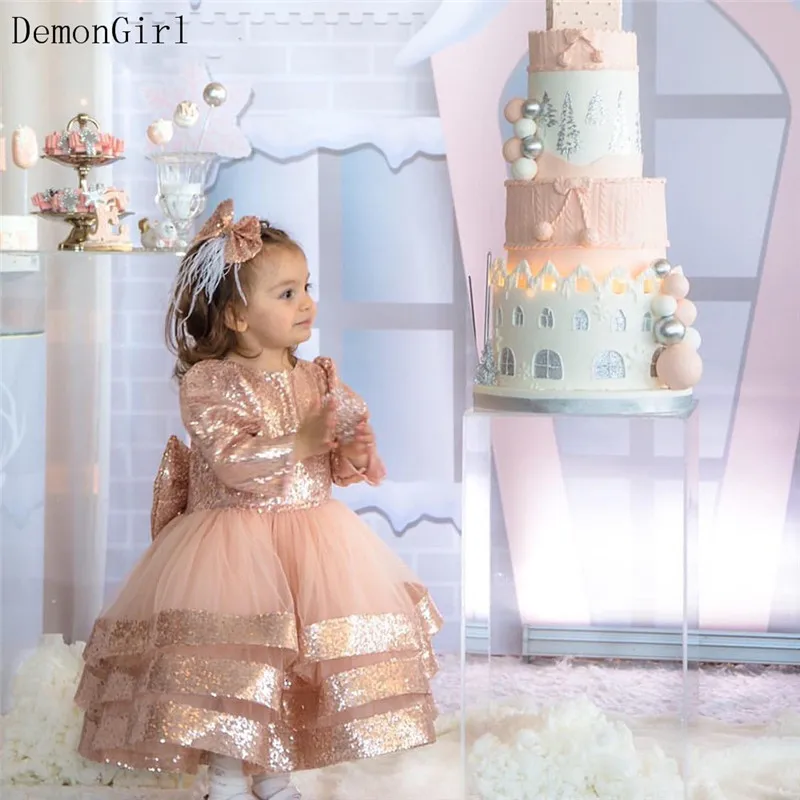 Vestido de princesa con lentejuelas brillantes, manga larga, para cumpleaños de niñas, brillante, con lazo para fotografía