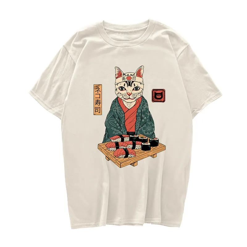 Neko Sushi Cat Japanese Anime Men T Shirt Ulzzang Hip Hop Cotton Clothes Tshirt Funny Harajuku Summer Ulzzang Streetwear T-Shirt