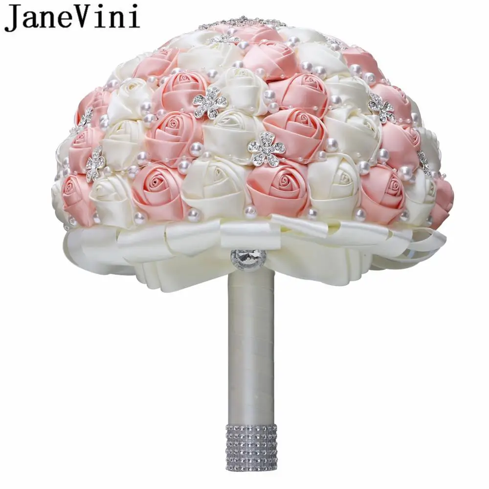 JaneVini 30CM 큰 신부 꽃다발 진주 실버 라인 석 Shinning 다이아몬드 크리스탈 웨딩 부케 신부 새틴 로즈 브로치 2021