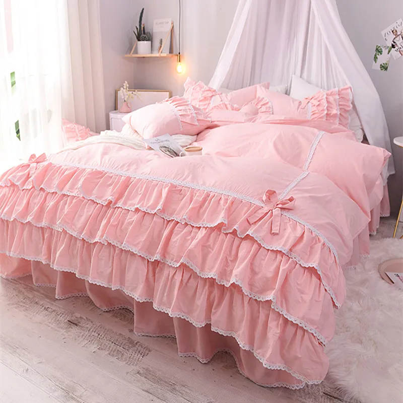 Korean Cotton Pastoral Pink LUXURY Bedding Sets King Queen Size DuvetCover Set Bedsheets Ruffle BedSkirt Princess Wedding BedSet