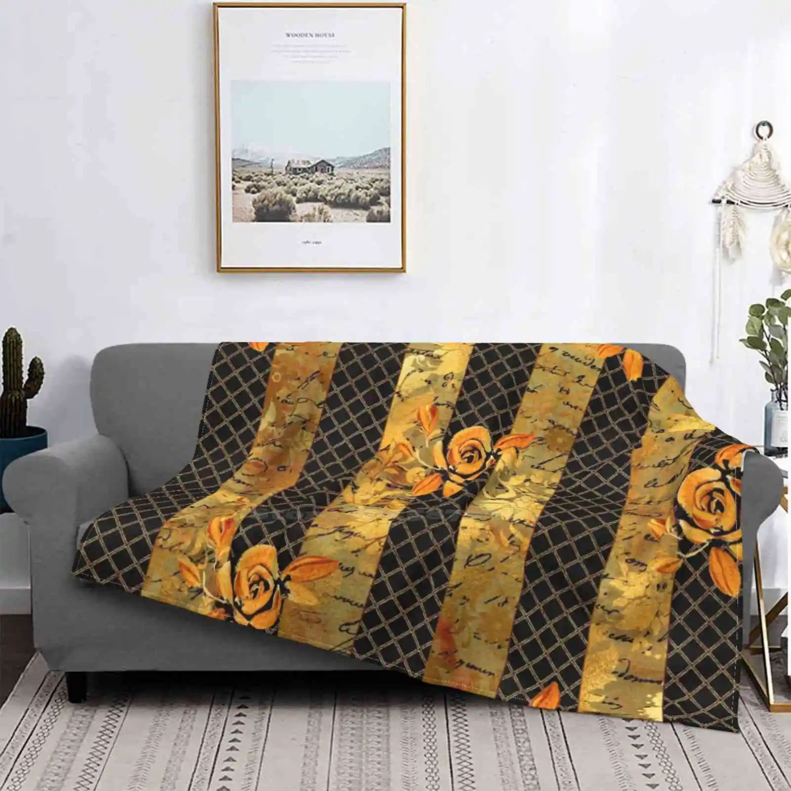 Gold Roses On A Golden Grid On Black Background New Arrival Fashion Leisure Flannel Blanket Gold Golden Roses Gold Roses Golden