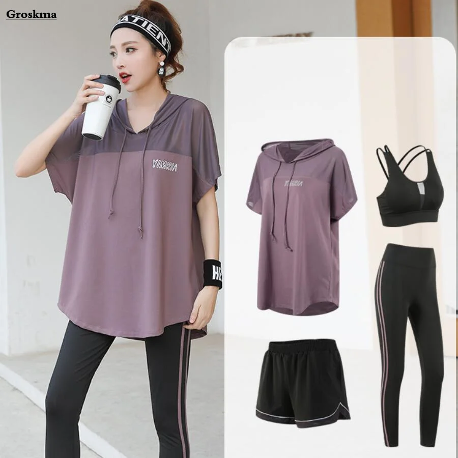 Mesh Hooded T Shirt+Bra+Shorts+Pants Women Quick Dry Yoga Suits Loose Plus Size Fitness Gym Sports Running Sets 2021 Summer Set