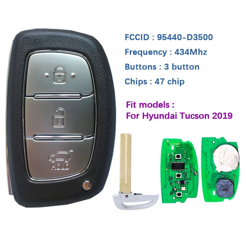 

CN020130 Aftermarket 3 Button Smart Keyless Key Remote 47 Chip 433MHz FCCID 95440-D3500 FOB-4F11 For Hyundai Tucson 2019