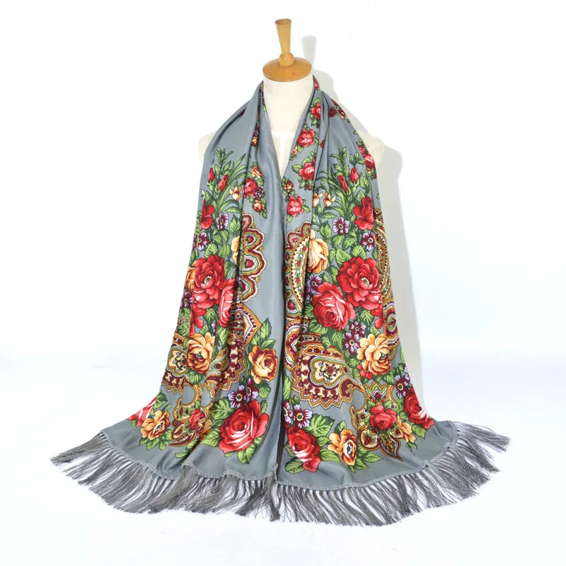 Women Scarf Winter Shawl Female Russian Babushka Long Hijab Floral Pattern Dupatta Retro Ukrainian Polish Fringed Spain Scarf