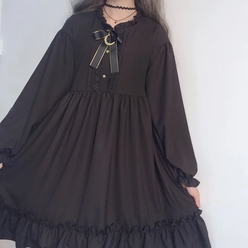 

YBYR Lolita Style Women Black Ruffles Dress Lantern Sleeve Japanese Harajuku Student's Dress Sweet Kawaii Bow Girl Chiffon Dress