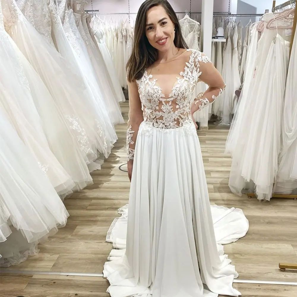 Vestido De Novia elegante De gasa con cuello redondo, manga larga, Espalda descubierta, hecho a medida