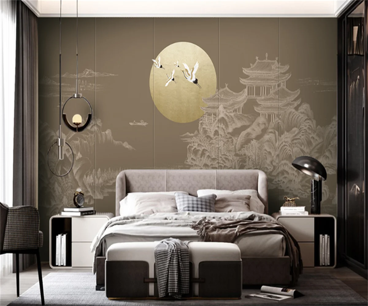 

Customize the new simple line pavilion landscape bedroom national tide background wall decoration mural 3d photo wall sticker