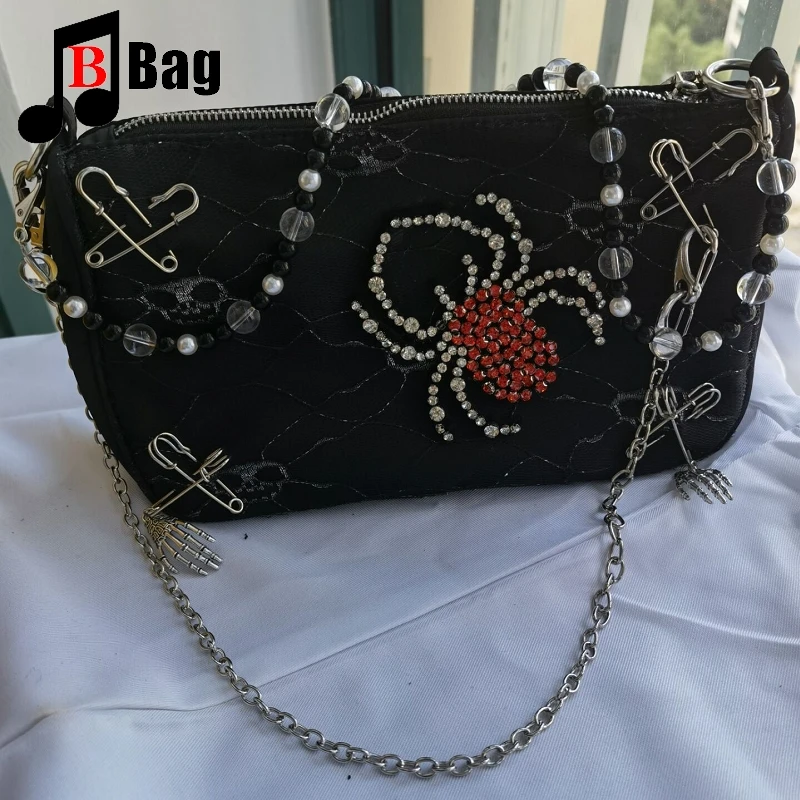 Dark Women shoulder bag Flash spider Skull Punk underarm bag Y2K Girl Messenger Bag female metal chain Handbag Satchel bag