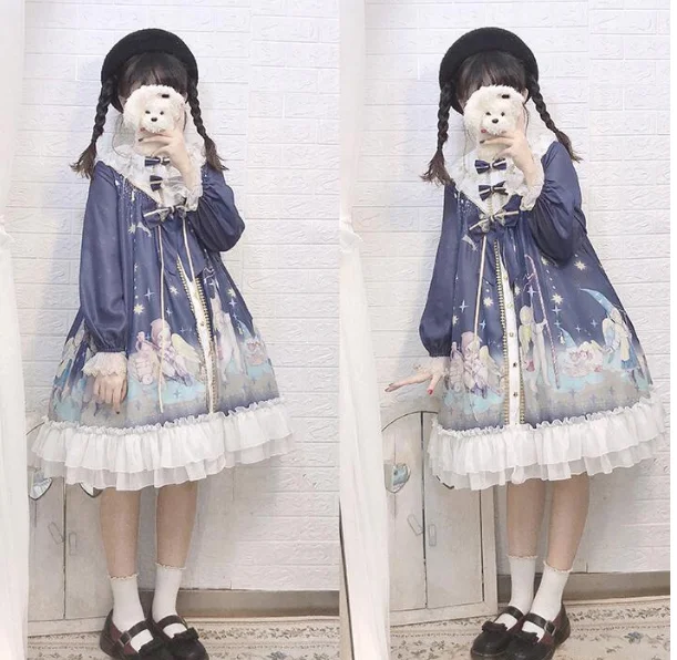 Japanische süße lolita kleid retro spitze bowknot oansatz nette druck hohe taille viktorianischen kleid kawaii mädchen gothic lolita op cos