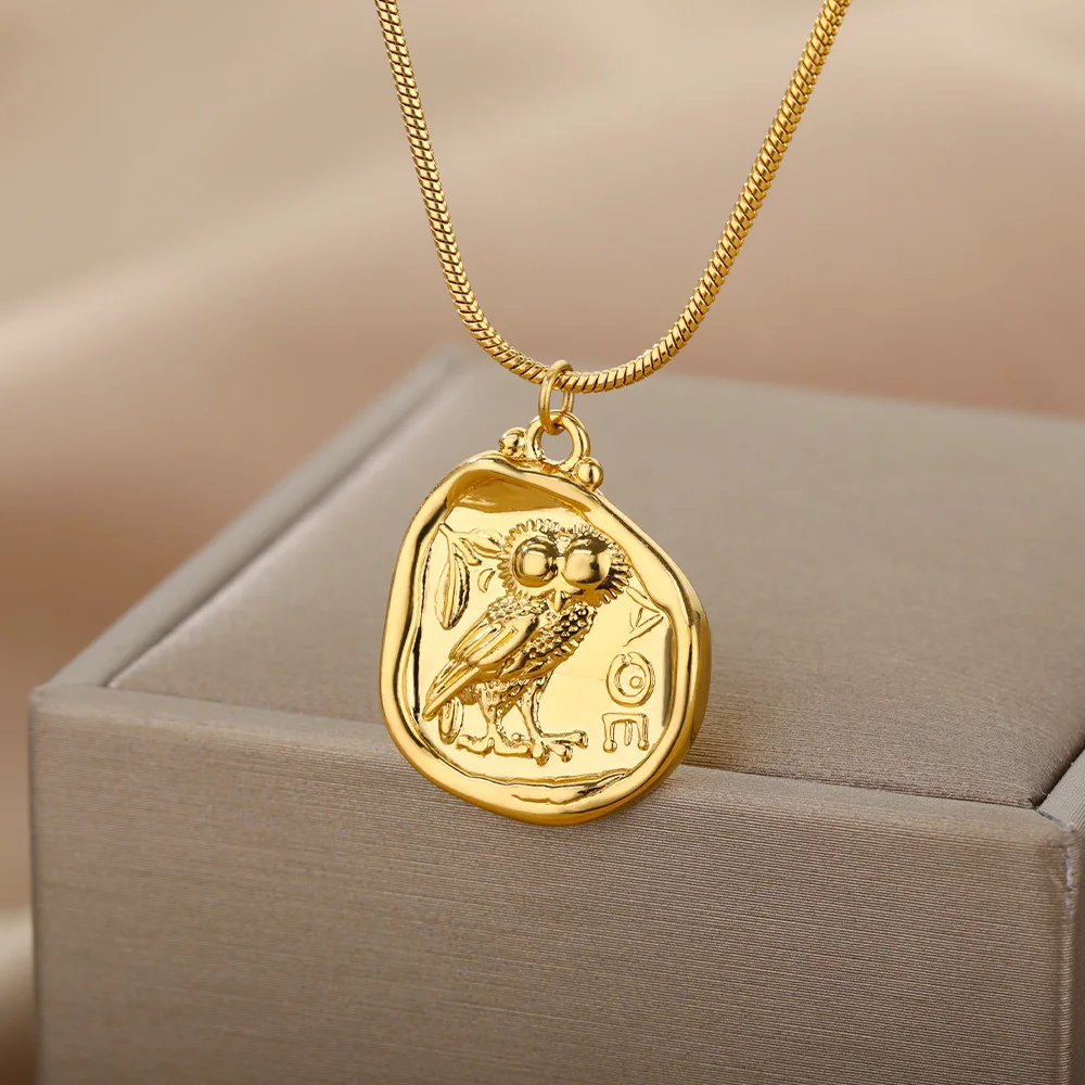 Owl Necklace for Women Stainless Steel Gold Color Pendant Necklaces Lucky Freedom Athena Choker Couple Jewelry collares mujer