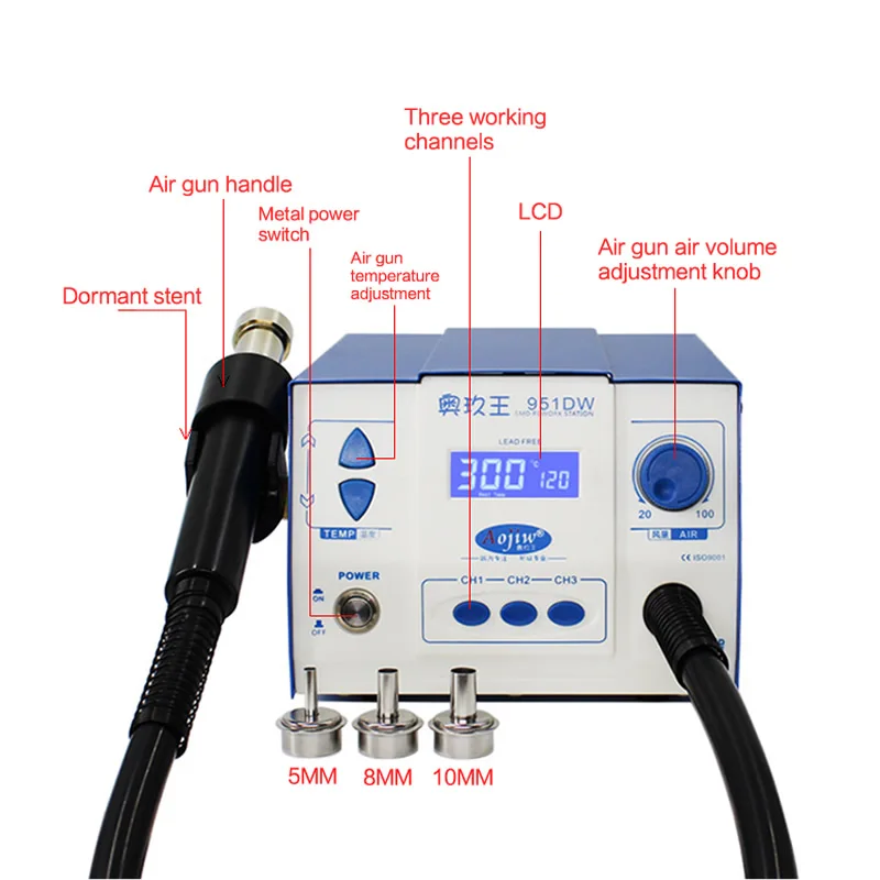 Digital Display Brushless 951DW Hot Air Gun Soldering Station 700W SMD BGA Rework Desoldering Welding Repair Tool Air Nozzles