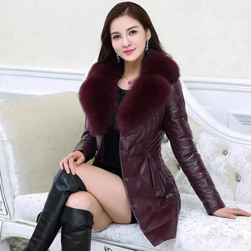 2023 Winter Black Leather Coat Women Lmitation Fur Cotton Jacket Mid-Length 5XL Elegant Fur Collar Leather Overcoat Female