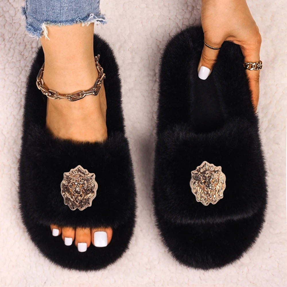 Women's Cozy Faux Fur Slides Slippers Golden Metal Decor Designer Fur Sandals Flip Flops Flats Custom House  Warm Shoes