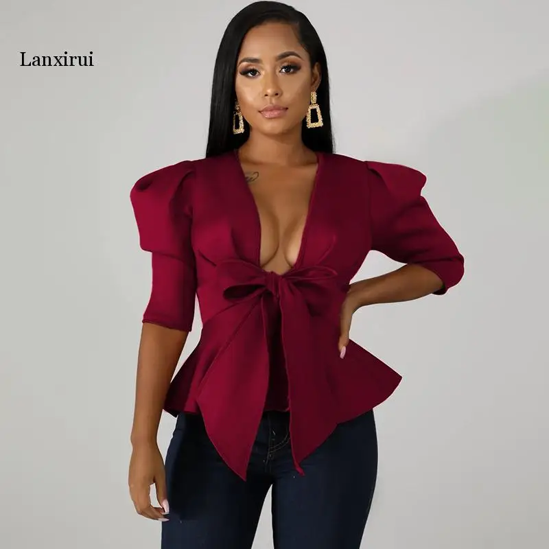 Spring Women Deep V Neck Ruffle Bow Blouse Bandage Casual Puff Sleeve Cropped Blouses Shirt Elegant Office Lady Top