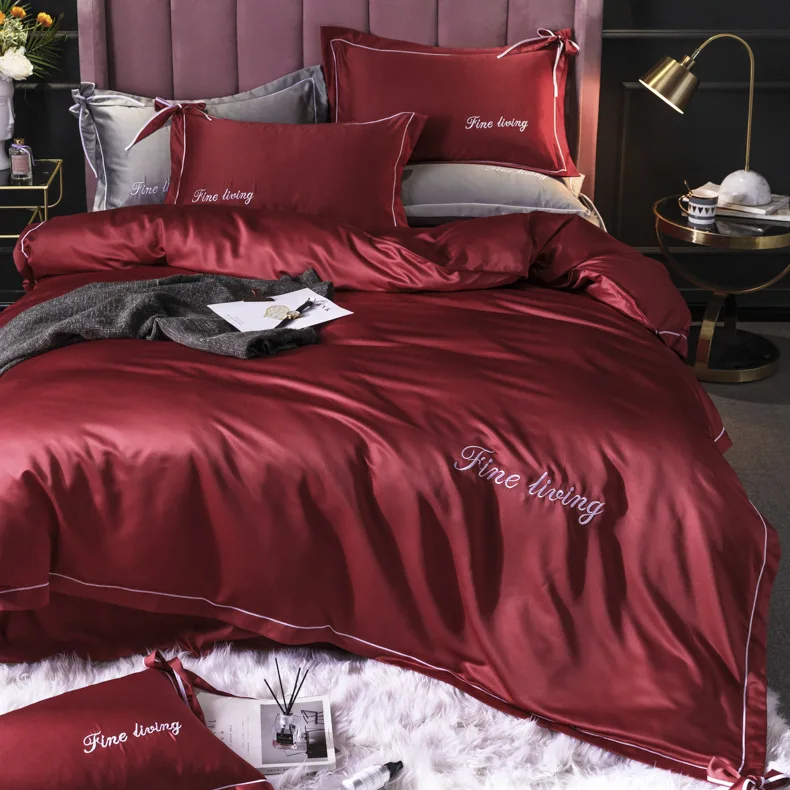 WATER Washing Silk 4PCS Bedding Set Solid Color Wine Red DuvetCover Fitted Sheet Pillowcase Luxury Bedding Embroidered Butterfly