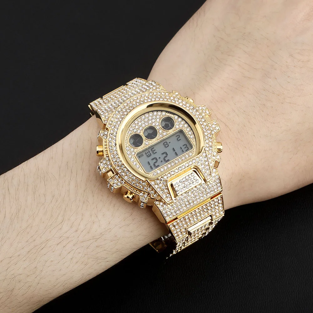 ALLICEONYOU New Fashion Digital Movt Watch Iced Out Micro Pave Cubic Zirconia Watch Hip Hop Stainless Steel Jewelry For Gift