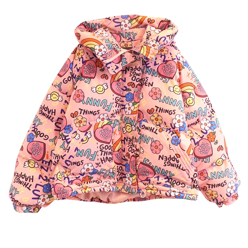 Cartoon Print Down Jackets Women Fashion Hooded Short Parka Thick Warm Winter Jacket Korean Loose Casual Cotton Coat Female