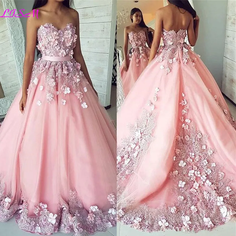 Sweetheart Beaded Appliques Prom Dresses Long Tulle 3D Flowers Party Gowns Lovely Empire Evening Formal Dress vestido de festa