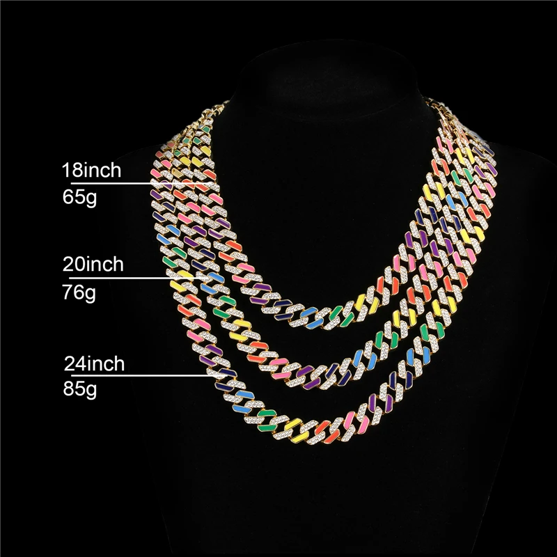 Hip Hop 12MM Colorful Iced Out Dripping Oil Cuban Prong Chain Paved Rhinestones CZ Bling Rapper Necklaces For Men Women Jewelry