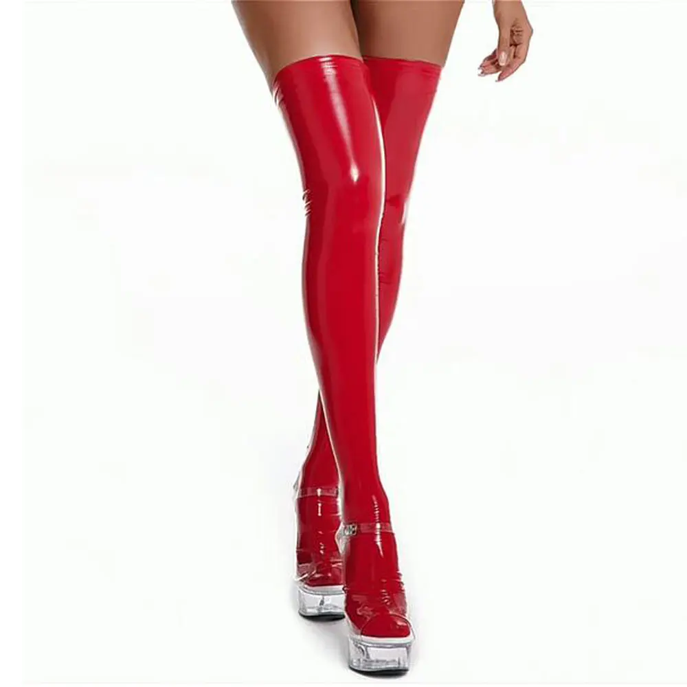 Sexy Faux Leather Oil Shiny Stockings Thigh High Women Medias Leg Warmers Tights Knee Elastic PVC Club Outfits Freeship Stocking