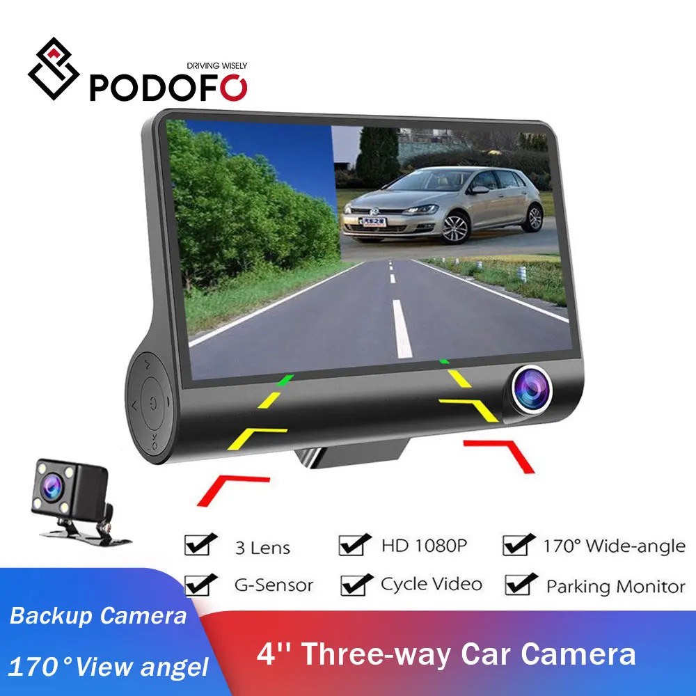 Podofo Car Camera 4'' Three-way Video Registrator 170 degree Wide Angle Dash Cam Video Recorder G-sensor Dashcam for Car DVR cam