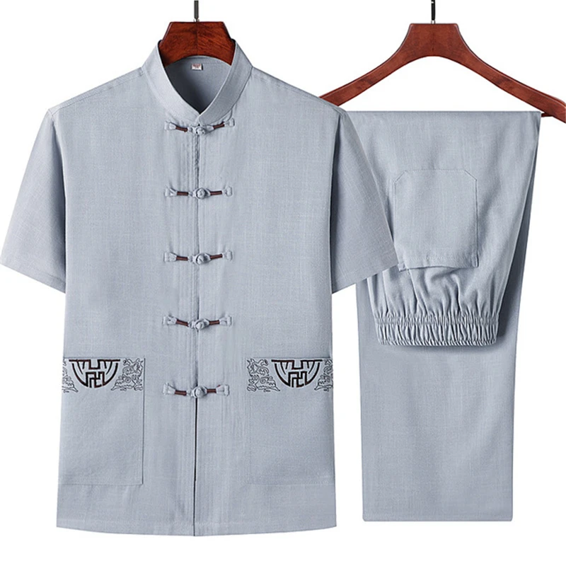 

Men Traditional Chinese Clothing Set for male Tai Chi Kung Fu Uniforms Linen Short Sleeve Embroidery Casual Chinese Costumes