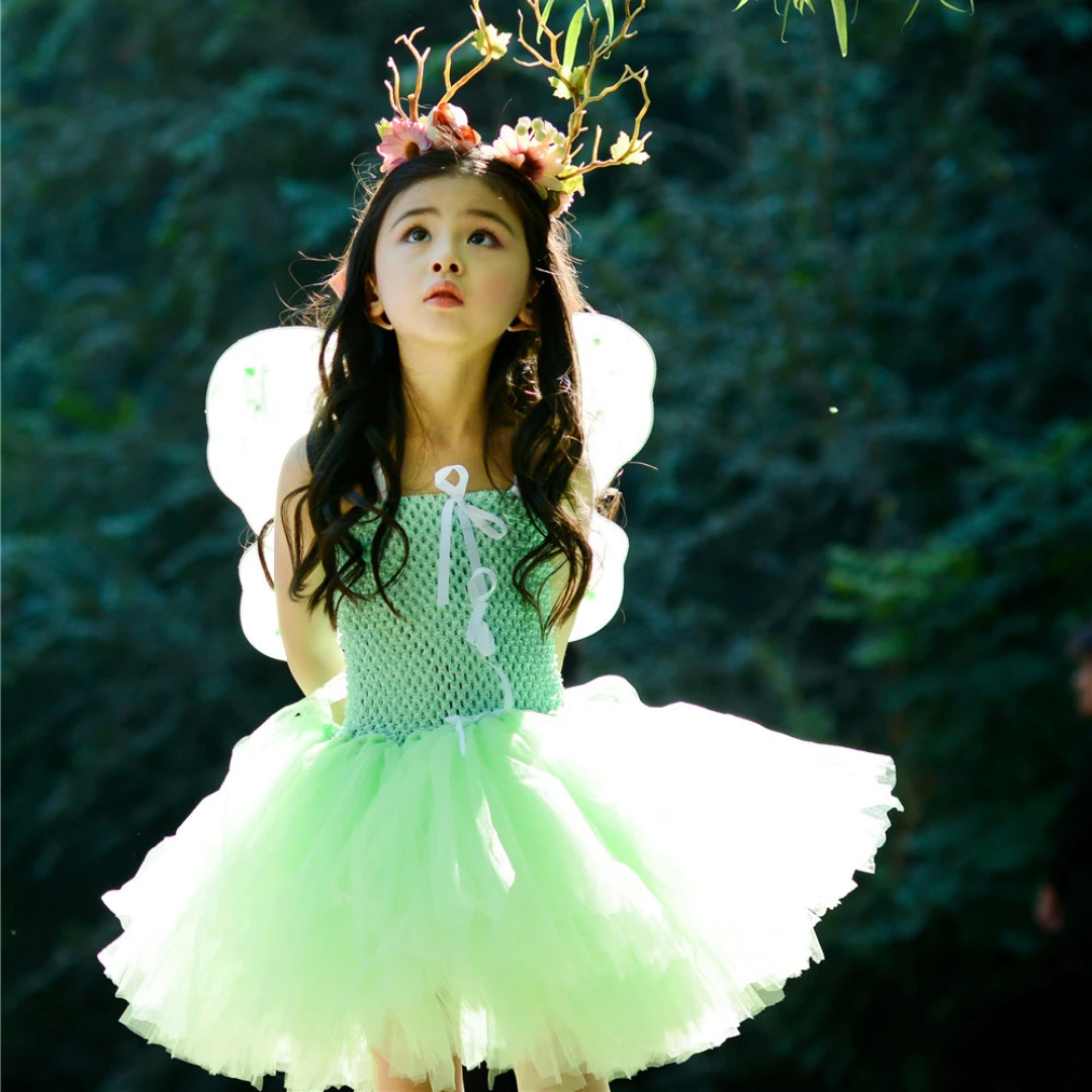 

New Fashion Girls Halloween Dress Performance Children Flower Elf Dress Up with Green Wings Little Fairy Toddler Baby Tutu Dress