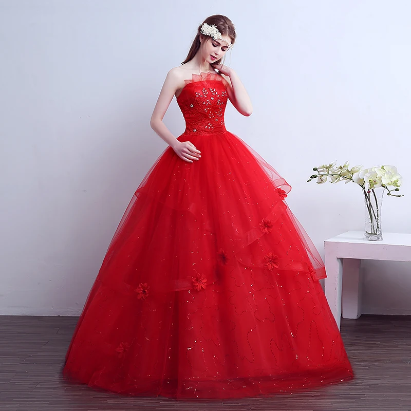 AnXin SH Flower Red lace vintage tube top princess strapless beading crystal sleeveless lace up customized wedding dress