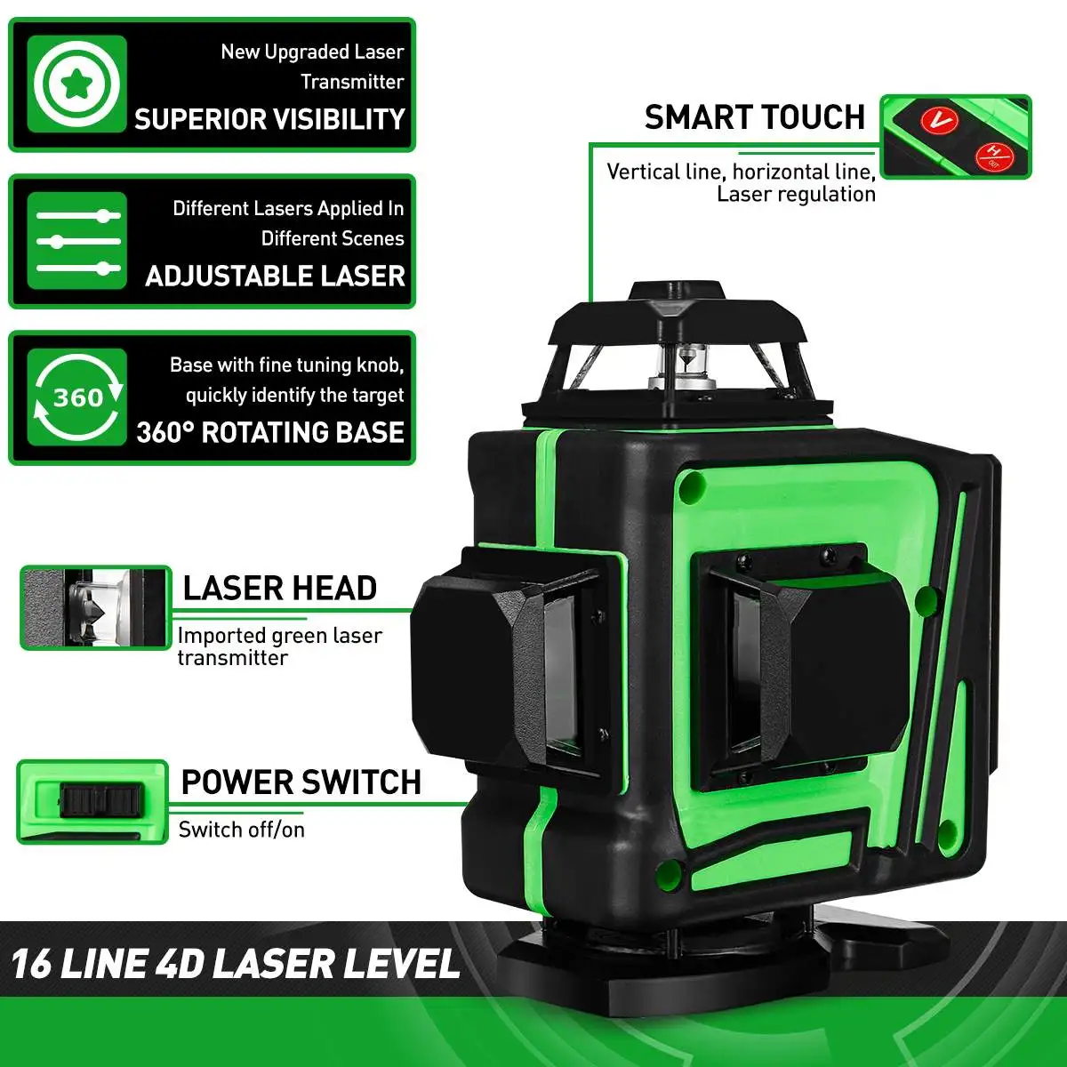 16 Lines 4D Green Laser Level Self-Leveling 360 Degrees Horizontal And Vertical Cross Lines Green Laser Line With Tripod Battery