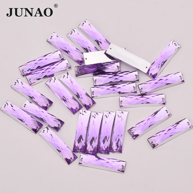 JUNAO 100pcs 7*26mm Light Purple Rectangle Shape Sew On Rhinestones Flat Back Acrylic Gems Sewing Strass Stones For DIY Clothes